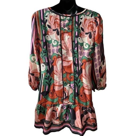 Silk Odille 3/4 Sleeve Floral Multicolor Tier Tunic Black Lace Trim Women’s 8 - Picture 8 of 14